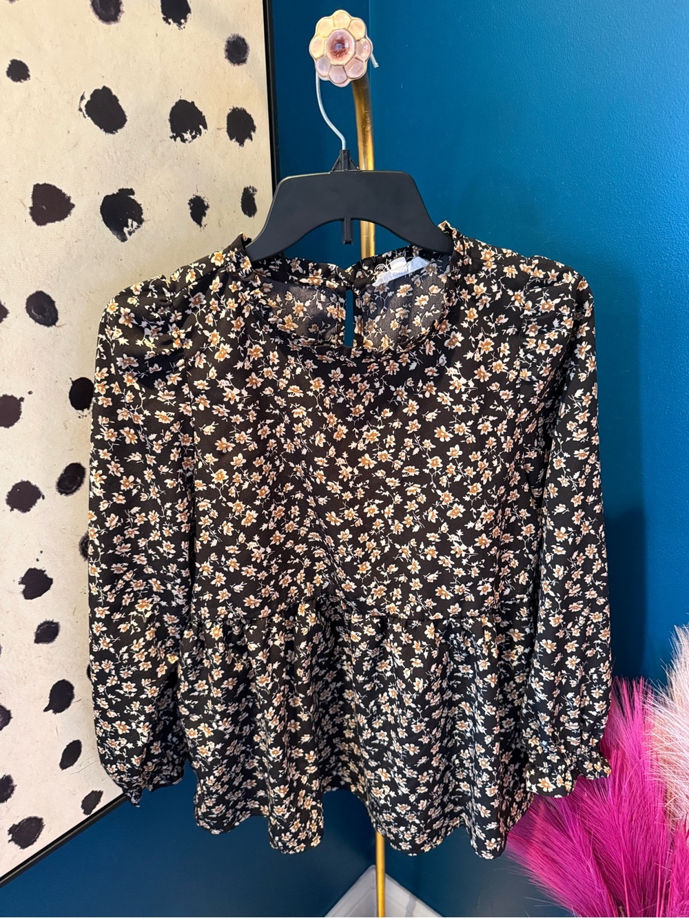 Black Floral Peplum Blouse with Long Sleeves